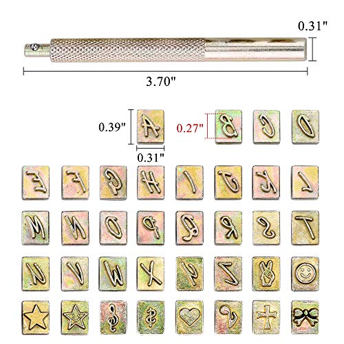 Yoption 37 Pieces Leathercarft Stamping Tool Set, 26 Letters Alphabet & 10 Patterns Stamping Tool 6mm +1 Stamping Handle for Leather Craft - size: 6mm Letters + Patterns