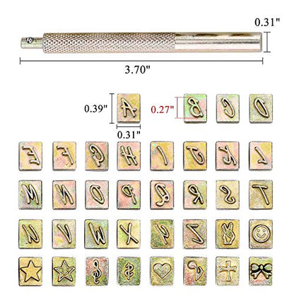 Yoption 37 Pieces Leathercarft Stamping Tool Set, 26 Letters Alphabet & 10 Patterns Stamping Tool 6mm +1 Stamping Handle for Leather Craft - size: 6mm Letters + Patterns