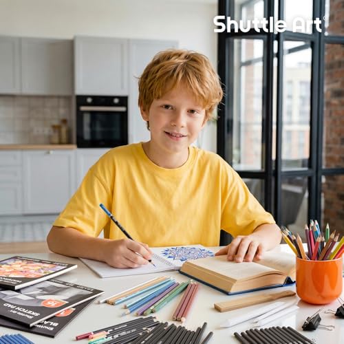 Shuttle Art 124 PCS Drawing Kit, Professional Drawing Supplies with Sketch, Charcoal, Colored, Graphite, Pastel Pencils & Sticks, Complete Drawing Tools and Paper Pads in Zipper Case for Artists&Kids