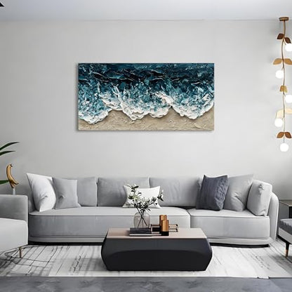 Art Hand-Painted Blue Ocean Beach Landscape Oil Painting Large Abstract Canvas Art Home wall Decoration 24x48 inches - color: Dn166