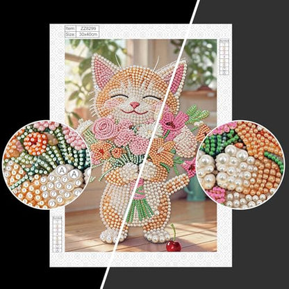 Stalente Pearl Diamond Painting Kits for Adults Cat and Flower, 5D Special Shape Diamond Art Kits for Beginners, Crystal Rhinestones Diamond Painting for Home Wall Decoration Gift 12×16inch, Animal