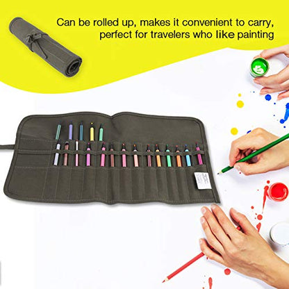 30-Slot Paint Brush Holder Roll Up Case Organizer, Canvas | Holder Storage Case Bag, Pockets Carry Pouch, Protect Artist Acrylic Oil Watercolor Paintbrushes, Store Pencils, Pens Tools