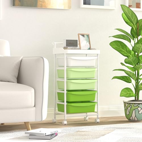 5 Drawers Plastic Rolling Storage Cart with Wheels, Teacher Supply - color: Green