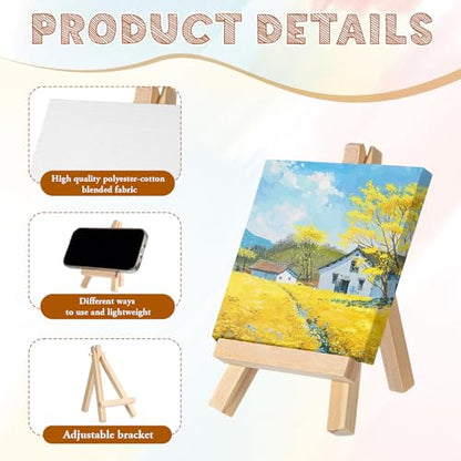 24 Pack Mini Canvases and Easels 3 x 3 Inch Small Canvas and Easel for Painting Art Stand with Panels Tabletop Wooden Display Easel for Birthday Parties Valentine‘s Day Gift