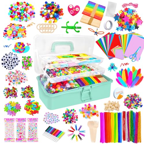 Itopstar 3000+ Kids Arts and Crafts Supplies for Kids Ultimate Crafting Supply Set in Portable 3 Layered Plastic Art Box Hobby Craft Set for Creative Projects (Ages 8+) - color: Green 3000pcs