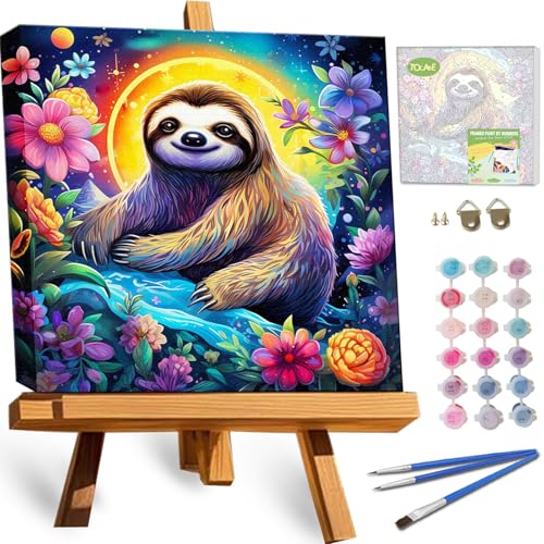 TOCARE Framed Paint by Numbers Kit for Adults Beginners,12x12inch Sloth Paint by Number with Frame,Flower Sloth Paint by Numbers Framed Canvas for Amimal Lover (Without Easel) - color: TC-F-294