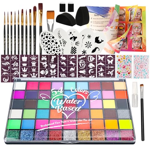 Pintada 54 Color Face Painting Kit for Kids - Non Toxic Water Based face paint Set with Brushes, Stencils, Gems & Sponges, - Safe for Sensitive Skin, Halloween, Birthday Parties, Cosplay & Festivals - color: 54 Colors With Brush Set