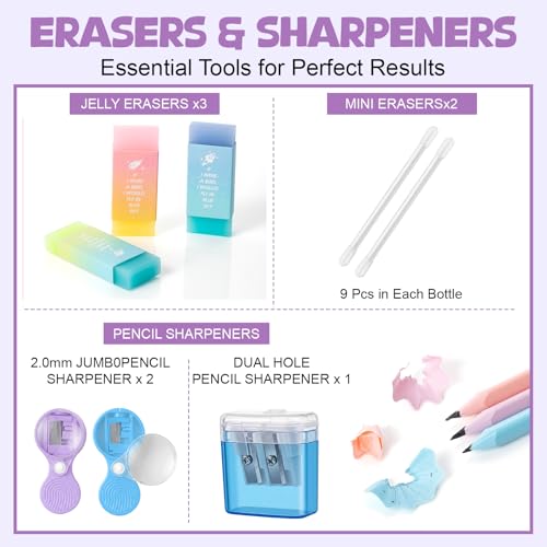 Eersida 47 Pcs Aesthetic School Supplies with Cute Pen Case, Mechanical Pencils 0.5mm, 0.7mm, 0.9mm & 2.0mm with Leads and Eraser Refills, Wood Pencils #2, for Writing, Drawing & Drafting(Purple) - color: Purple
