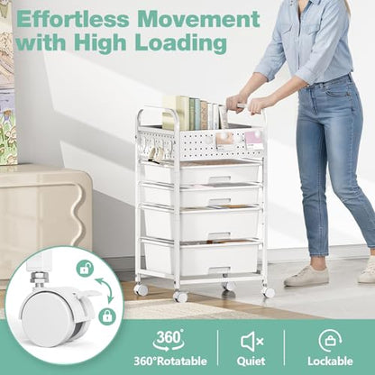 SYKIARIOL 4 Drawer Rolling Storage Cart with Pegboard Top and Hooks, White - color: White, size: 4-Drawers