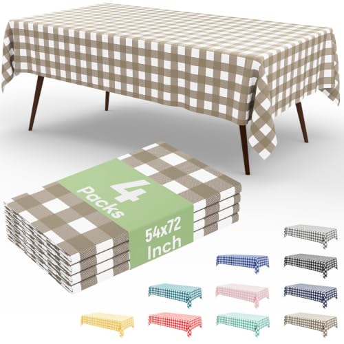 4 Packs Buffalo Disposable Table Cloth, 54 x 72 Inch Waterproof Plastic Tablecloth, Rectangle Khaki and White Checkered Table Covers for Picnic, Birthday, Party, Back to School - color: Khaki and White, size: 54" x 72" - 4 Pack
