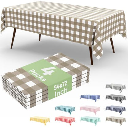 4 Packs Buffalo Disposable Table Cloth, 54 x 72 Inch Waterproof Plastic Tablecloth, Rectangle Khaki and White Checkered Table Covers for Picnic, Birthday, Party, Back to School - color: Khaki and White, size: 54" x 72" - 4 Pack