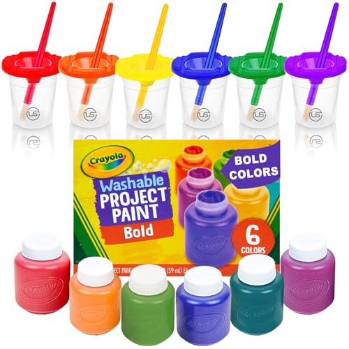Kids Painting Set, Washable Paint for Kids with Paint Cups Gift Bundle | Bold Colors Toddler Paints Includes 6 Finger Paint Colors (2 oz Each), 6 no Spill Paint Cups, 6 Paintbrushes Non-Toxic