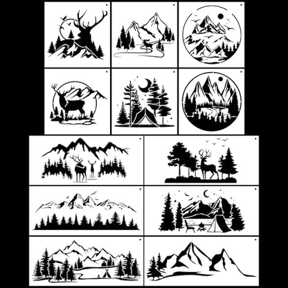 Keluna Forest Wood Burning Stencils - 12 Pcs Mountain Forest Stencils for Painting on Wood, Reindeer Forest Wall Stencils for Painting Large Pattern - style: mountain scenery
