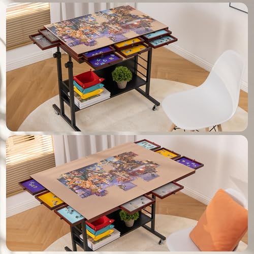 Tektalk 2000 Piece Foldable Puzzle Board with Height Adjustment, Jigsaw Puzzle Table with 2 Felt Cover & 8 Sorting Trays/Drawers, Puzzle Easel with Legs, Enclosed with 4 Roller Wheels - Black - color: Black
