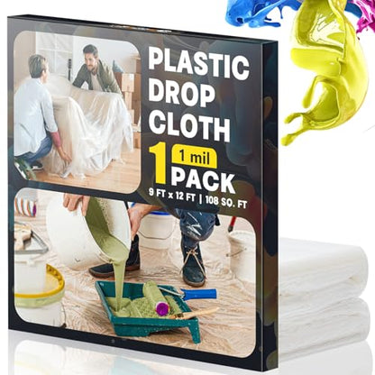 Plastic Drop Cloths for Painting, 9x12 Ft Plastic Sheeting, 1 Mil (1-Pack) | Clear Painter's Plastic Filim, Dust-proof Waterproof Painting Supplies for Furniture, Floor, Couch Protector - size: 1 PCS 9x12 Ft