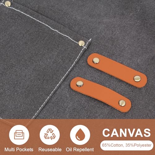 Men's Canvas Tool Apron, Heavy Duty Multi-Pocket Work Apron for Woodworking Gardening Bartender Adjustable Straps - color: Dark Grey