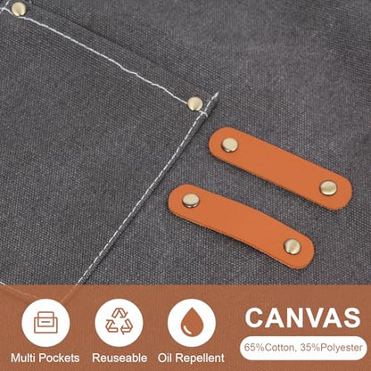 Men's Canvas Tool Apron, Heavy Duty Multi-Pocket Work Apron for Woodworking Gardening Bartender Adjustable Straps - color: Dark Grey