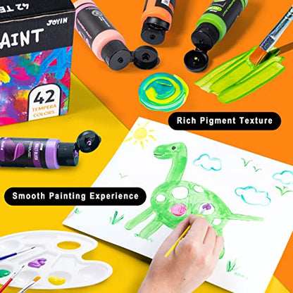 JOYIN Washable Tempera Paint Set for Kids 42PCS, Non Toxic Liquid Paint with 15 Brushes and 4 Palettes - Art Supply for Kids for Arts and Crafts Project, Finger Painting (2 oz Each), School Project Art Supplies - size: 2 Fl Oz (Pack of 42)