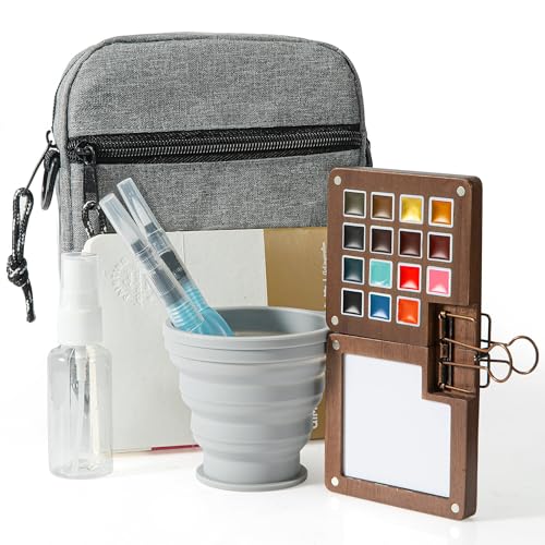 Mini Paint Palette Travel Kit - 15-Colors Pocket Artist Water Color Travel Set with Crossbody Bag, Watercolor Journal, Metal Clip, Paint Water Cup, Water Brush, Wooden Paint Box for Painters Artists - color: Color 1
