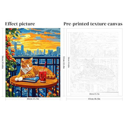 Cat Paint by Numbers Kit for Adults, City Sunset, Oil Painting 16x20 Inch | Paint by Numbers Kit for Adults, Cat on Balcony with City Sunset, DIY Oil Painting, Pre-Printed Canvas, 16x20 Inch - color: B3-Cat