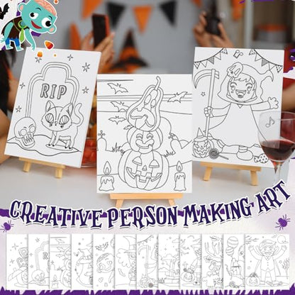 Sherr 96 Pcs Pre Drawn Canvas Kit 12 Sets with Easel Apron,Halloween | Adult Painting Party Set with Brushes Paints Wine Glasses, 8x10 Ready to Paint, DIY Craft for Paint Parties and DIY Crafts - style: Halloween