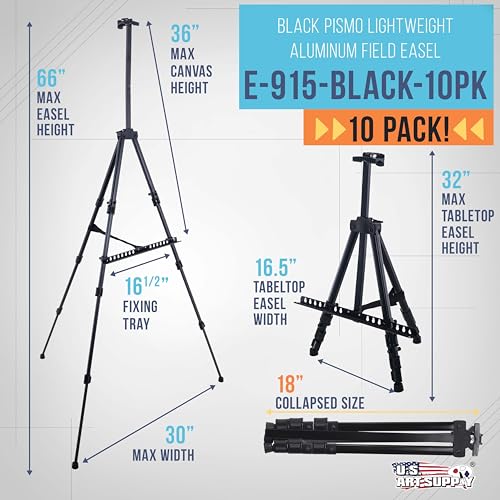 U.S. Art Supply 66" Black Metal Tripod Easel Display (10 Pack) - Adjustable 20"- 5.5', Holds 32" Canvas - Floor/Tabletop Easel Stand, for Sign Display, Painting, Poster Board, Canvas - Portable Bag