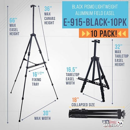 U.S. Art Supply 66" Black Metal Tripod Easel Display (10 Pack) - Adjustable 20"- 5.5', Holds 32" Canvas - Floor/Tabletop Easel Stand, for Sign Display, Painting, Poster Board, Canvas - Portable Bag