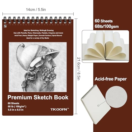 TKOOFN 5 Pack 5.5" x 8.5" SketchBooks Bulk,Top Spiral Bound Sketchbook | 60 Sheet Each,300 Sheets total,68lb/100gsm thick,Acid-Free,Portable Travel Drawing Paper Pad for Adult Kids Artists Beginners - color: 5 Pack, size: 5.5" x 8.5"