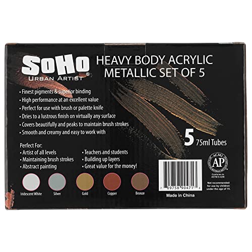Soho Urban Artist Heavy Body Acrylic Paint - Set of 5-75mL - Metallic - Thick, Rich Color, Excellent Coverage, Professional Quality - Artists Acrylic Paint