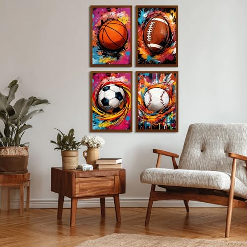 Reivworl 4 Pack Framed Paint by Numbers for Adults with Wooden Easel, Ball Sports Paint by Numbers Kit for Adults Beginner, Acrylic Painting by Number for Home Decor 8X12 Inch - color: 01-Ball Sports