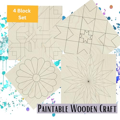 4 Mini Barn Quilt Kits, 6 Inch | Butterfly, Patch Star, Dresden, Starburst | Four 6-inch unfinished quilt blocks with laser-scored designs for painting, craft parties, gifts and a 12-inch wall collage. - size: 6 inches (set of 4), style: Butterfly, Patchw