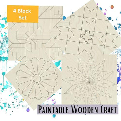 4 Mini Barn Quilt Kits, 6 Inch | Butterfly, Patch Star, Dresden, Starburst | Four 6-inch unfinished quilt blocks with laser-scored designs for painting, craft parties, gifts and a 12-inch wall collage. - size: 6 inches (set of 4), style: Butterfly, Patchw