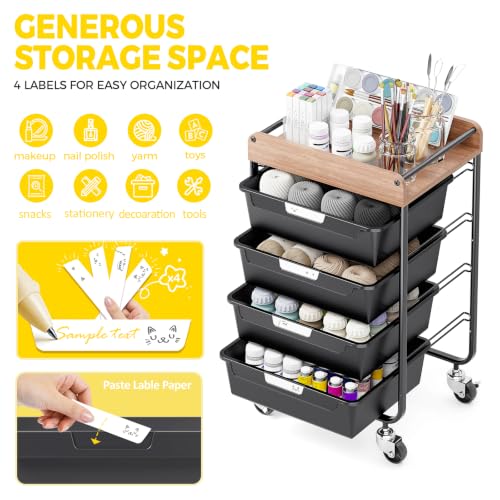 SYKIARIOL Utility Cart with 4 Labeling Drawers and Wooden Tabletop,Black - color: Classic Black, size: 4-Drawer