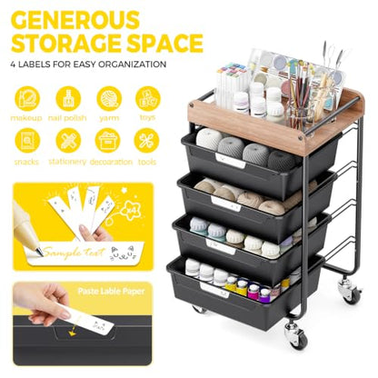 SYKIARIOL Utility Cart with 4 Labeling Drawers and Wooden Tabletop,Black - color: Classic Black, size: 4-Drawer