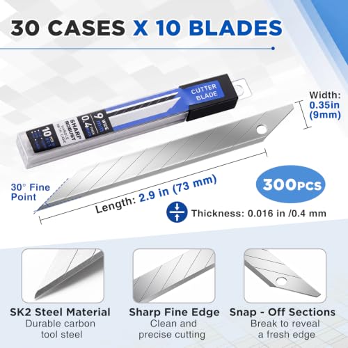 Hicarer 300 Pack 9mm Snap off Utility Knife Blades, 30 Degree Sk2 Carbon Steel Knife Replacement Blades with 30 Storage Cases for Box Cutter Craft Vinyl Wallpaper Cardboard Cutting
