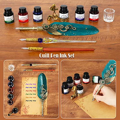 Aifeiter Quill Pen Feather Calligraphy Pen and Ink Set,Wax Seal Stamp Set,includes Quill Pen,Glass Dipping Pen,Wooden Dipping Pen,6 Bottles of Ink,8 Sheets of Writing Paper,Envelope-Green - color: Green