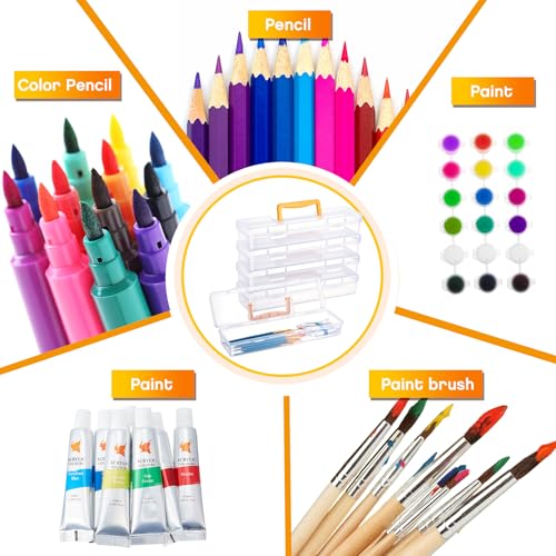 5 Pack Paint Brush Storage Box Portable 13" Long Paintbrush Drawing Tools | Clear Paint Brush Container Case with Handle, Pencils Organizer Holder for Artist Craft Art School Supplies