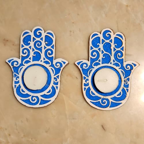 DIY Wooden MDF Rangoli KIT with Rangoli Colors | Tea Light Rangoli KIT| Rangoli Powder,Diwali Decorations, 3 D Rangoli Stencils (Hamsa Evil Eye Tealight Rangoli kit Set of 2) - style: Hamsa Evil eye Tealight Rangoli kit set of 2