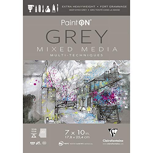 Clairefontaine - Ref 975487C - Paint'ON Mixed Media Grey Glued Pad (20 Detachable Sheets) - 17.8 x 25.4cm (7 x 10in), 250gsm Heavyweight Paper (USA Version) - color: Grey, size: 7 x 10 inches