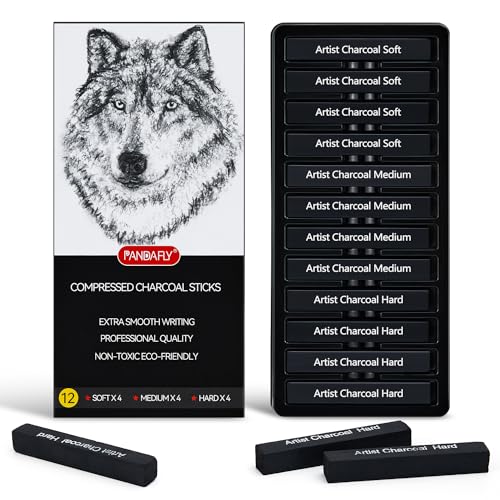 PANDAFLY Compressed Charcoal Sticks, 12 Pack, Soft Medium & Hard | Black Square Vine Charcoal Sticks for Drawing, Sketching, Shading, Charcoal Drawing Set for Beginners & Pro Artists