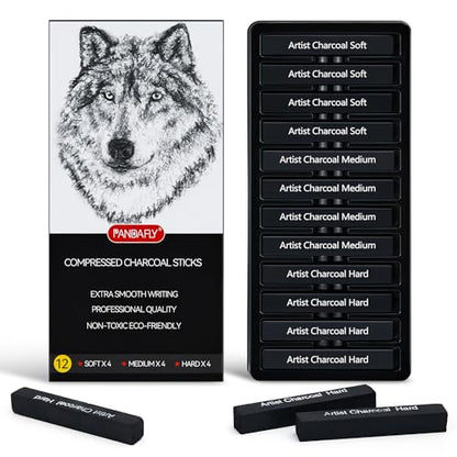 PANDAFLY Compressed Charcoal Sticks, 12 Pack, Soft Medium & Hard | Black Square Vine Charcoal Sticks for Drawing, Sketching, Shading, Charcoal Drawing Set for Beginners & Pro Artists