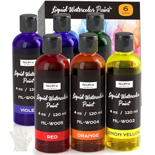 Nicpro 6 Colors Liquid Watercolor Paint Set, 4oz Non-Toxic Water Colors - color: 6 Colors, size: 4 Fl Oz (Pack of 6)