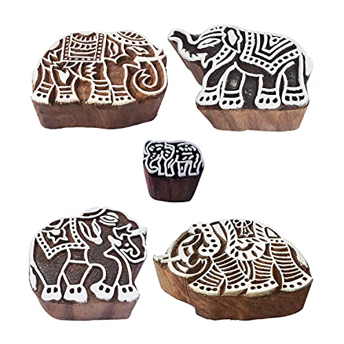 Royal Kraft Elephant Wooden Printing Stamps (Set of 5) - DIY Henna Fabric Textile Paper Clay Pottery Blocks Htag2201 - color: Htag2201