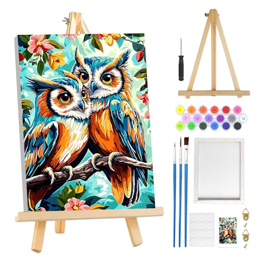 MOGTAA Owl Paint by Numbers Kit for Adults Beginners with Frame, Flowers Adult Paint by Number Kits on Canvas with Easel, Easy DIY Animal Oil Painting Kits for Home Decor, 8x12in - color: Owl