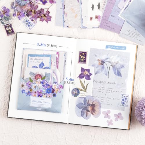 RISYPISY 100Pcs Floral Scrapbook Supplies Kit for Junk Journal | Scrapbooking Paper & PET Stickers Bundle – Botanical Floral Collage Kit for Card Making, Art Journal(Blue) - color: Blue