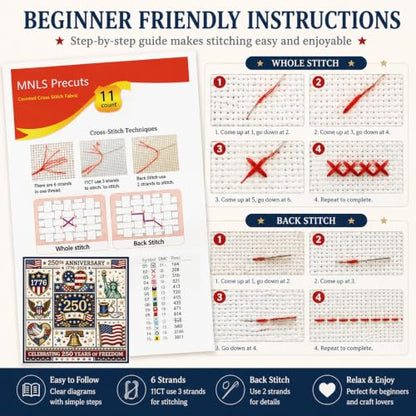Vintage US Flag Cross Stitch Kit Beginners Embroidery 1776-2026 | USA Patriotic embroidery Kit,7.5×7.5" DIY Cross Stitch Kit, Pre-Printed Fabric, Threads, Needles, Easy for Beginners