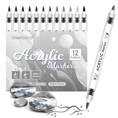 Grey Tones Acrylic Paint Pens, 12 Colors Markers Set with Soft Brush & Bullet Tip, for Rock, Painting, Wood, Glass, Ceramic, Canvas, Stone, DIY Crafts, Making Art Supplies, Fabric Paint - color: Grey