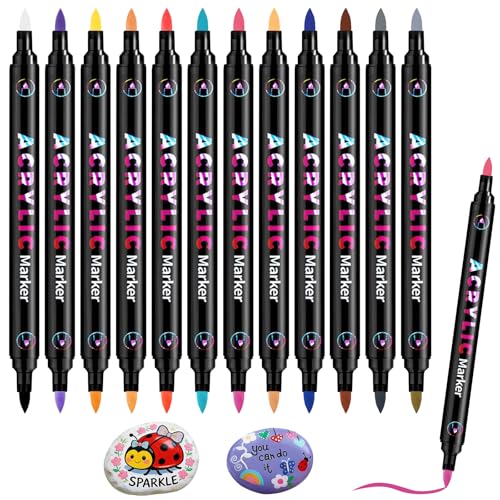 12 Dual Tip Acrylic Paint Markers, 24 Colors Total - 2-in-1 Double-Ended Brush Pens, Art Marker Set for Wood, Rock, Canvas, Glass & Crafts - color: 24 Colors Brush Tip Marker