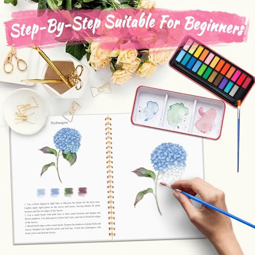 Watercolor Workbook - Coloring Book Beginner Friendly Painting Kit, Watercolor Workbooks for Adults, Exploration Gift for Adults Teens (Flowers-Animals, 24 Color Palette) - color: Flowers-Animals