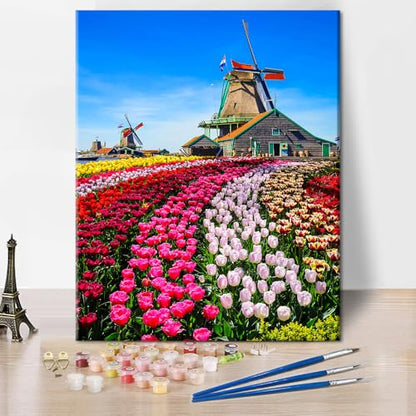 TUMOVO Paint by Numbers Kit for Adults Tulips Dutch | landscape tulips dutch 16x20 inch unframed canvas, easy to follow, pre-numbered, acrylic paints included. - color: Windmills